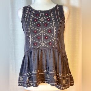 KNOX ROSE Women’s Gray Sleeveless Tank Embroidered Peplum Bohemian Top w5